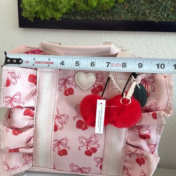 Betsey Johnson Pink Cherry Print Tote with Red Pom Charm - Picture 4 of 5